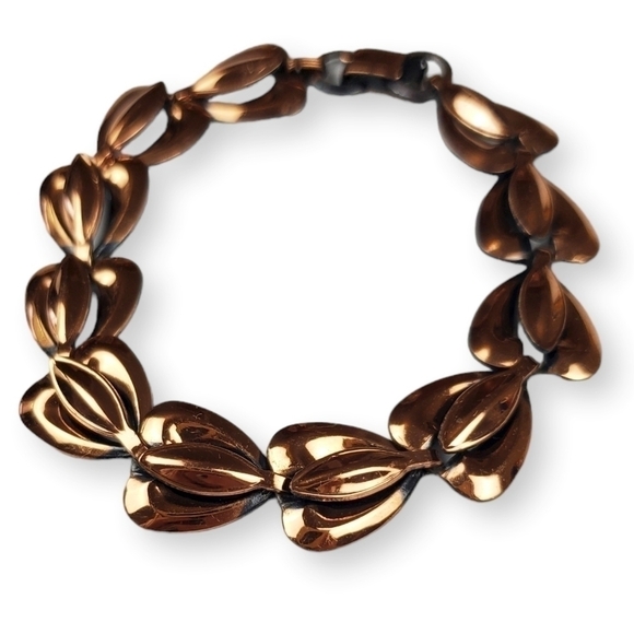 Modernist Copper Tulip Bracelet Flower Link Chain Oxidized Vintage 60s 6.75" - Picture 1 of 4
